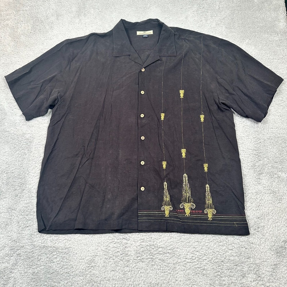 TOMMY BAHAMA Gold Pineapples Embroidered 100% Silk Hawaiian Shirt Black Size XXL